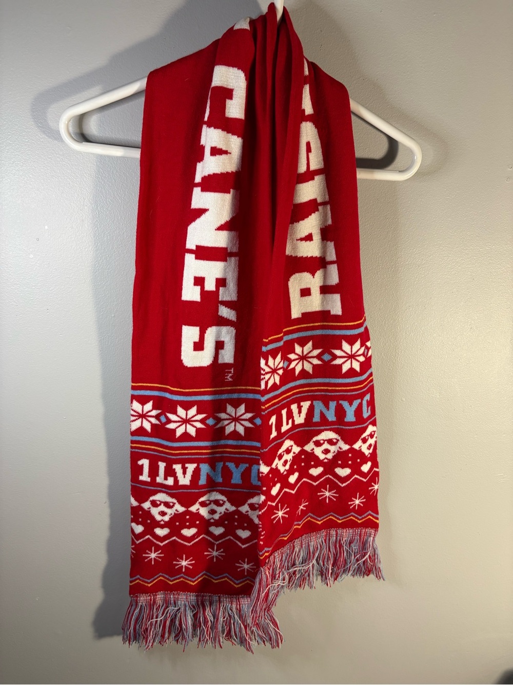 Red Knit Raising Canes Christmas Scarf with White Patterned Accents